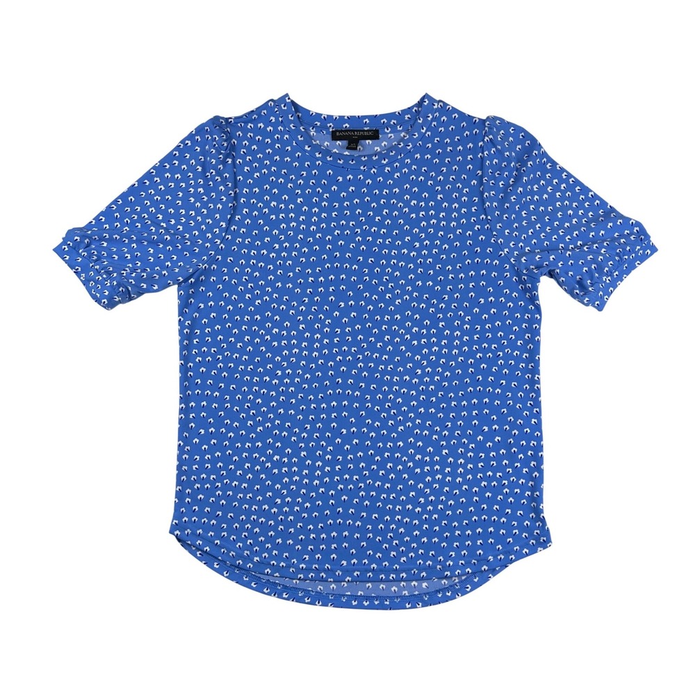 Banana Republic Blue Floral Print Puff Sleeve Top XS Crew Neck Blouse